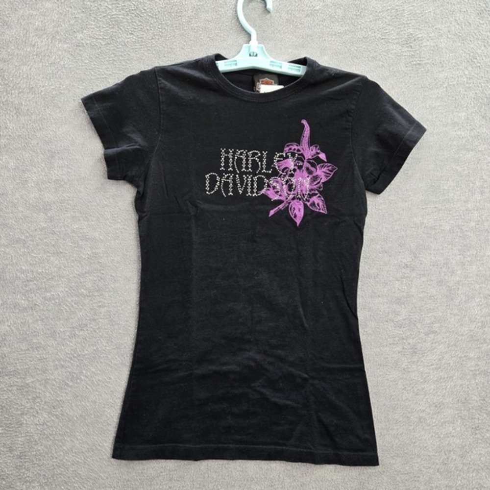 VINTAGE Harley Davidson Women Shirt M Black Casper Wyoming Deluxe Rhinestones